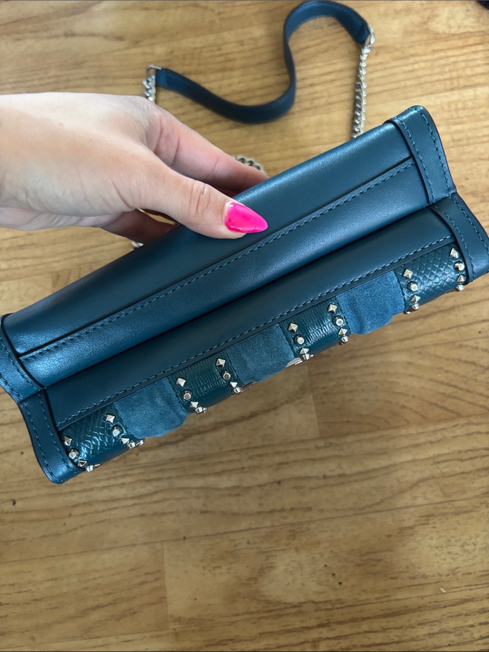 Michael Kora Teal and Studs Chain-Shoulder Crossbody Bag - Picture 3 of 11